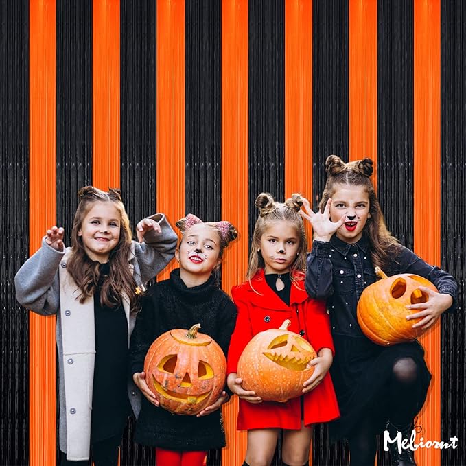 4 Pack Fringe Curtain Backdrop, 3.2Ft x 8.2Ft Black Orange Metallic Tinsel Foil Fringe Streamers Background for Photo Booth Birthday Wedding Baby Shower Carnival Easter Mother’s Day Party Decorations