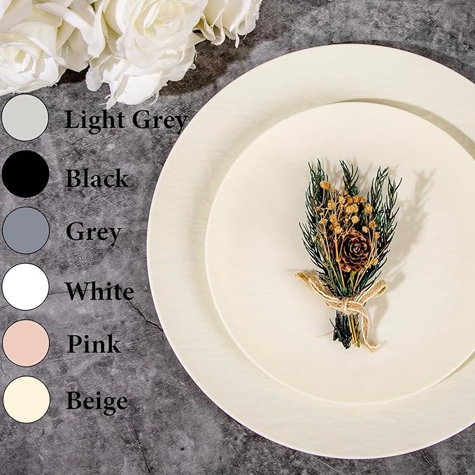 WONDERFUL 32pcs Heavy Duty Plastic Plates Reusable Unbreakable & Dishwasher safe Ivory Plastic Plates Dishes Set Wedding Plate Frosted Design Includes:16 Dinner 10" and 16 Dessert Plate 7.3"