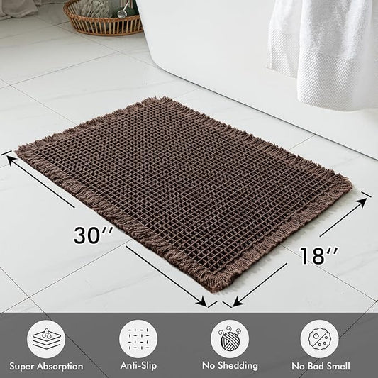 MIULEE Set of 2 Waffle Bathroom Rugs, Boho Bath Rugs Non Slip Washable, Super Absorbent Bath Mats, Ultra Soft Rubber Backed Shower Mats for Bathroom Floor, Tub and Shower, Chocolate, 18x30 Inch