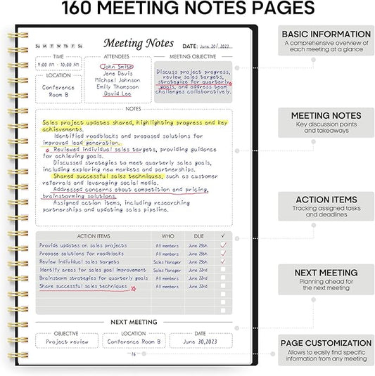 6 Pack of Meeting Notebook for Work Organization - Work Planner Notebook with Action Items, Agenda Planner for Note Taking, 160 Pages (6.9" X 9.9") Project Organizer for Men & Women - Black