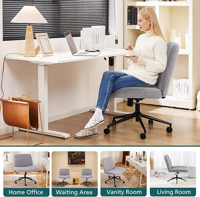 OLIXIS Criss Cross Chair with Wheels Wide Cross Legged Office Desk Vanity Chair Comfy Fabric Armless Adjustable Swivel for Home Computer Task Gray