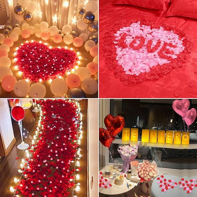 Te Quiero Lighted Letters Sign 17pcs Luminary Paper Bags 2200pcs Red Pink Artificial Rose Petals 48pcs Flameless LED Candle Tealight 15pcs Heart Balloons Romantic Night Valentine's Day