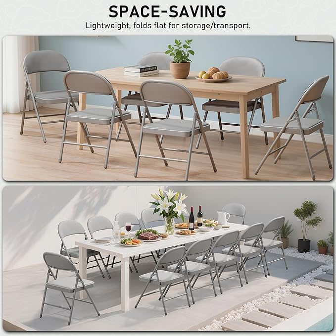 SEALAMB 6 Pack Grey Folding Chairs with Padded Seats & Cushion, Durable Metal Foldable Chairs for Wedding Party, Commercial Chairs for Office School Church Events, 330lb Capacity (Grey-PU, 6 Pack)