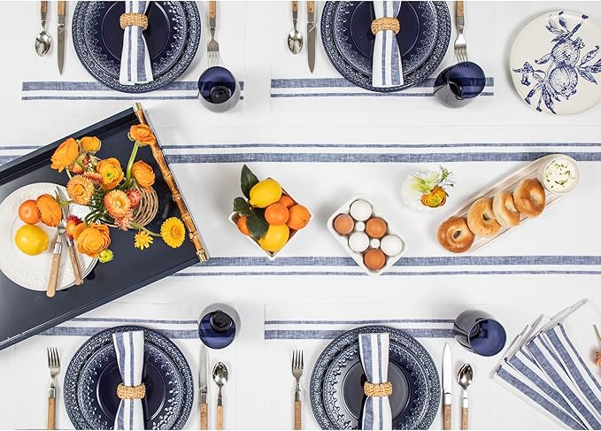 Solino Home Striped Linen Table Runner 36 Inches - 100% Pure Linen Navy and White French Stripe Small Table Runner 14 x 36 Inch Ideal for Dresser and Coffee Tables - Fall, Holiday