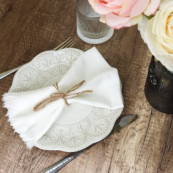 Handmade Cloth Napkins with Fringe,18 x 18 Inches Cotton Linen Napkins Set of 4 Versatile Handmade Square Rustic Fringe Napkins for Dinner, Wedding and Parties, White