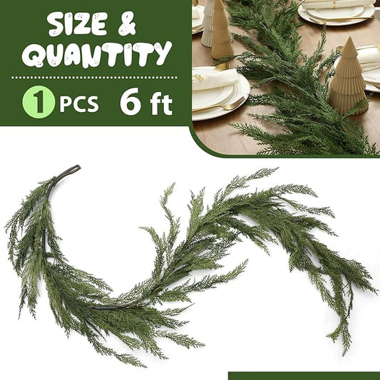 Jutom 1 Pcs 6 ft Christmas Cedar Garland - Artificial Realistic Faux Greenery Cedar Pine Garland for Home Fireplace, Door, Window, Indoor & Outdoor Christmas Party Decoration
