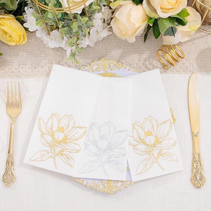 50 Pack Gold Magnolia Napkins - Gold Floral Disposable Napkins - Cloth-Like Feel Dinner Paper - Retro Heavy Duty Hand Towels for Bathroom Wedding Holiday Party Bridal Decorative Towels