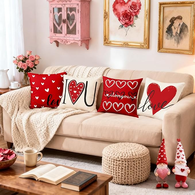 Valentines Day Decorations-Valentine Pillow Covers 18x18 Set of 4, Red Hearts I Love You Happy Valentine's Day Throw Outdoor Pillow Covers Anniversary Wedding Cushion Case for Home Sofa Couch Decor