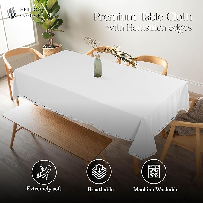 White Tabletop Tablecloth, 60x86 Inch, 100% Cotton, Fits 6-8 Seats, Washable, Soft, Durable, Wrinkle Resistant, Rectangle Table Cover for Dining, Weddings, Holiday Celebrations