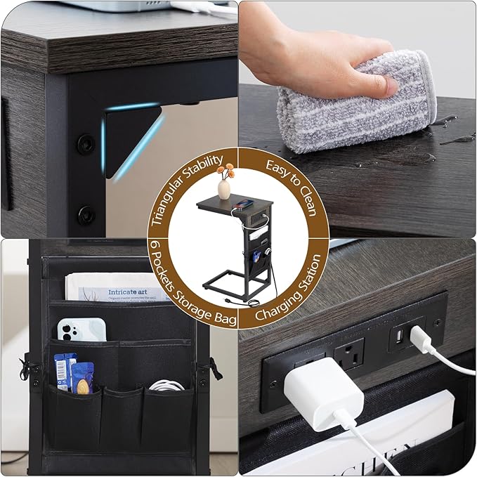 AMHANCIBLE Couch Table, C Shaped End Table with Charging Station, TV Tray Set of 2, Side Table with Storage for Couch, Dark Grey HET04CDG