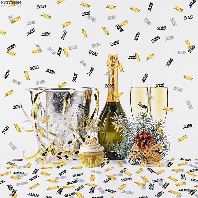 KatchOn, Shiny Black, Silver and Gold 2026 Confetti - Pack of 500 | Happy New Year Confetti 2026 | New Year Table Decorations 2026 | Happy New Year Decorations 2026 | New Year Decorations 2026