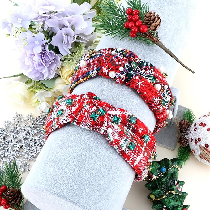 2 Pcs Christmas Headbands for Women Pearl Rhinestone Knot Headband Crystal Jeweled Hair Band Wide Top Knotted Headband Christmas Hair Accessories Holiday Party Outfits Decorations(Snowflake Plaid)