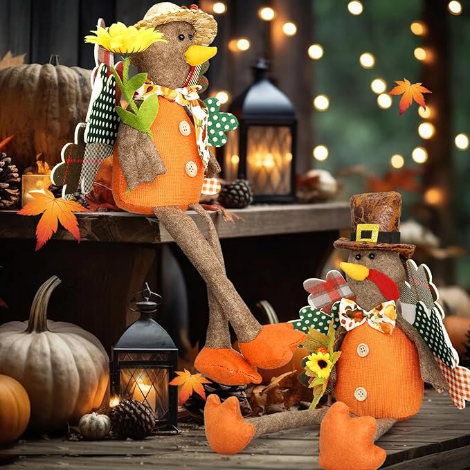 Turkey Decorations Indoor- Thanksgiving Decorations for Home, Office - Stuffed Turkey Animal Plush Doll Figurines - Pilgrim Decor for Autumn, Harvest Tabletop Centerpieces Ornaments Shelf Sitters