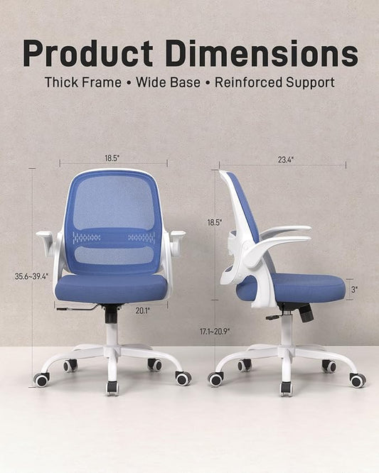 Ergonomic Mesh Office Chair for Home Office, Flip-Up Arms, Breathable Mesh Back & Thick Seat Cushion, Swivel Rolling Computer Desk Chair – BIFMA Certified, Supports 300 lbs (White Frame/Blue Seat)