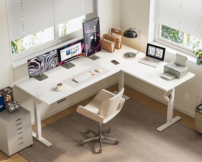 OffiGo 63 Inch Reversible L Shaped Electric Standing Desk, Height Adjustable Corner Stand up Desk, Ergonomic Large Lift Computer Table for Home, Office, Workstation, White