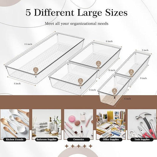 Criusia 11 PCS Clear Plastic Drawer Organizer Set - 5 Large Size Versatile Kitchen and Bathroom Organizer Trays, Non-Slip Storage Bins for Makeup, Utensils, Tool and Office Desk