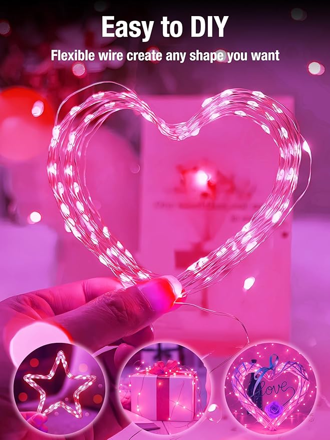 btfarm 4 Pack Fairy Lights Battery Operated with Timer, 16.4 FT 50 LED Silver Wire Twinkle String Lights 8 Modes Dimmable Waterproof for Indoor Christmas Bedroom Wedding Decorations, Pink