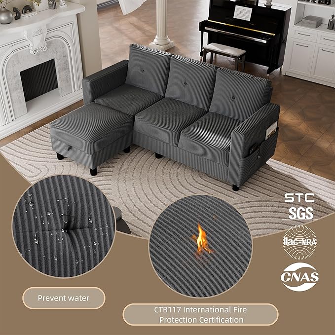 JAMFLY Convertible Sectional Couches for Living Room, L-Shaped Couch 3 Seat Sectional Sofa Set with Corduroy Fabric and Movable Ottoman Small Couch for Apartments, OfficeοΌDark GreyοΌ