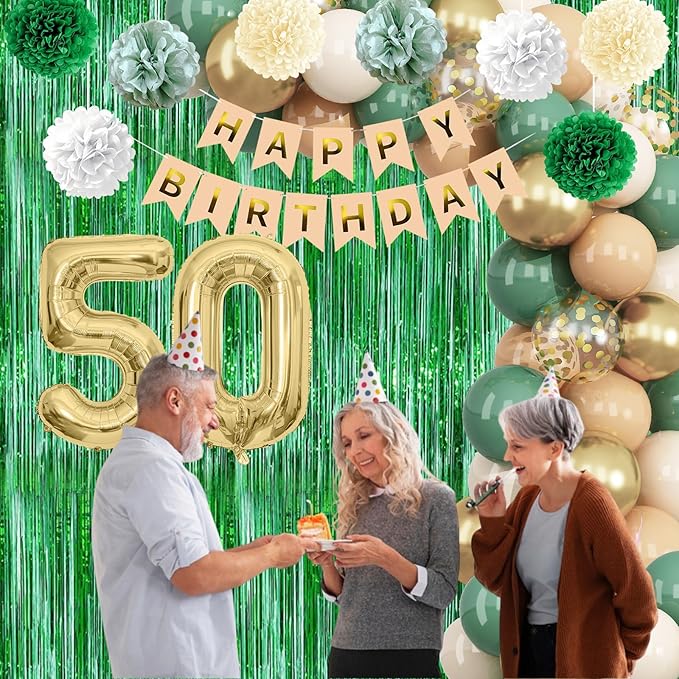 Sage Green 50th Birthday Decorations for Men Gold Number 50 Balloon Nude Gold Happy Birthday Banner Fringe Curtain Paper Pom Poms Olive Green Cream White Sand Star Foil Balloons Party Decor