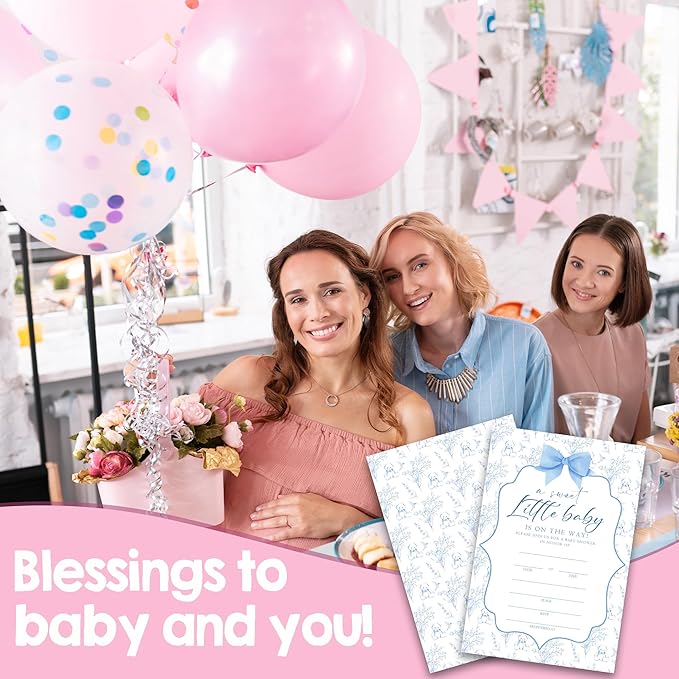 Baby Shower Invitations, A Sweet Little Baby Is On The Way 25 Blue Floral Invites With Envelopes For Baby Girl, Gender Reveal, Baby Shower Favor And Supplies-A02