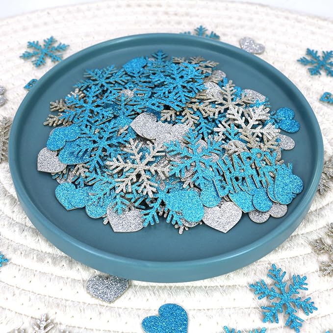 Blue Snowflake Birthday Confetti for Table – 200PC Glitter Heart Snowflakes Table Scatter for Winter Wonderland Birthday Party Decorations