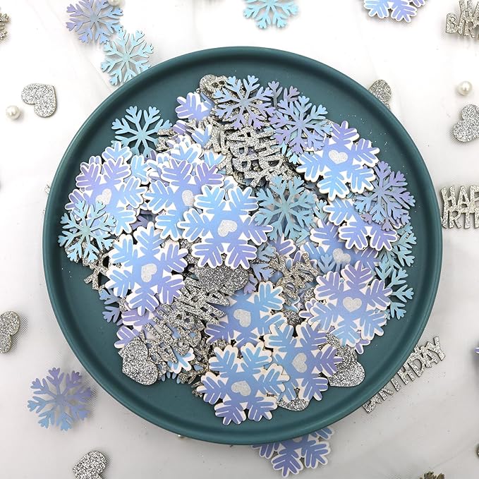 Blue Silver Purple Snowflake Happy Birthday Confetti for Table – 200PC Glitter Heart Snowflakes Table Scatters intend for Winter Wonderland Frozen Birthday Party Decorations