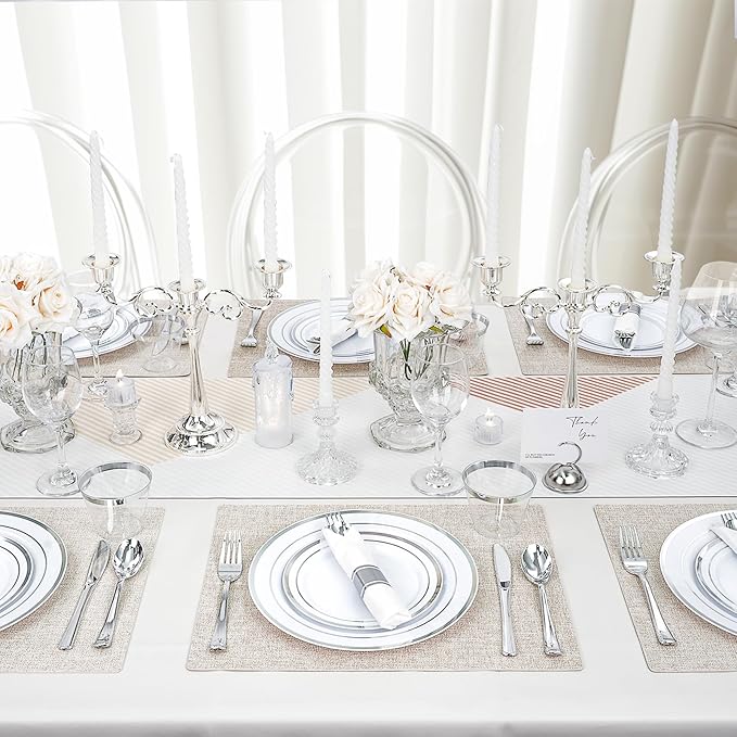 350 PCS White and Silver Plastic Dinnerware Set for 50 Guests, 100 Disposable Plates for Party, 50 Pre Rolled Napkins with Silver Silverware, 50 Cups