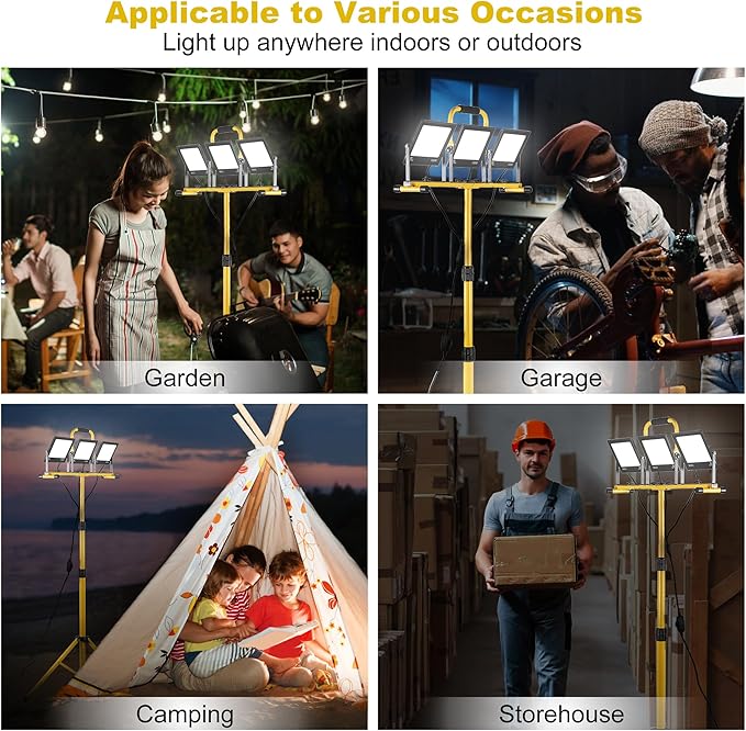 30000 Lumen Work Lights with Stand, 3 Adjustable Head LED Work Light, with Adjustable and Foldable Tripod Stand, Waterproof Lamp with 6500 Kelvin Color Temperature