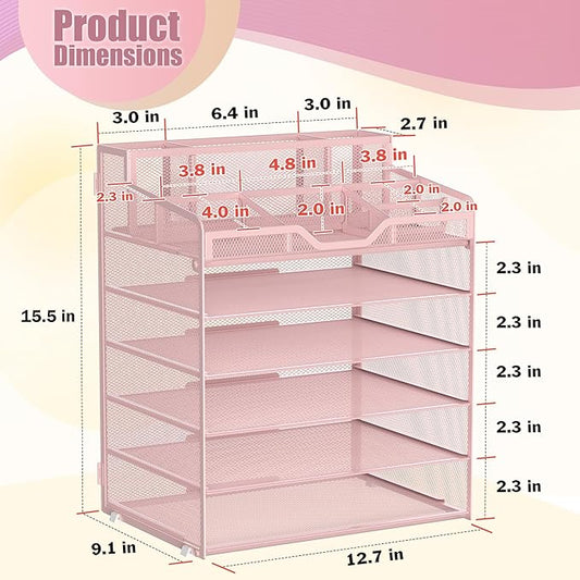 Docnest 6 Tier Mesh Desk Organizer for Paper Office Supplies – Multi-Functional Letter Tray with 5 Adjustable Compartments, 9 Pen Holders, Desktop Storage for Files, Mail, Stationery – Pink