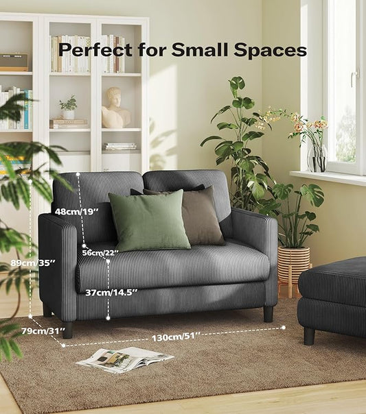 Loveseat Sofa, 51" Love Seat, Comfy Corduroy Small Loveseat for Small Spaces, Tool-Free Setup Couch for Bedroom, All-Wood Couches for Living Room, No Pillow Included, Grey