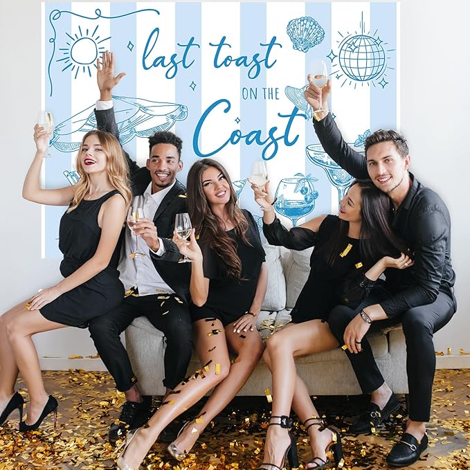 Last Toast on The Coast Backdrop 7 x 5 Ft Summer Beach Photography Background Banner Blue Champagne Bachelorette Party Photo Prop for Bachelorette Bridal Shower Engagement Party Decor