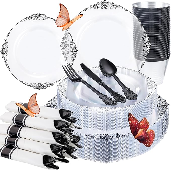 Hioasis 175pcs Clear Black Plastic Plates - Elegant Disposable Dinnerware Set Suitable for 25 Guests Include 10.25" Dinner & 7.5" Dessert Plates, Pre Rolled Silverware Set, Cups for Party & Wedding
