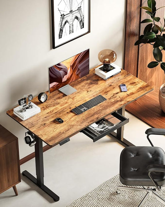 FEZIBO Electric Standing Desk with Drawers, 55 x 28 Inch Height Adjustable Desk with 3 Memory Presets, Sit Stand Up Desks for Home Office, Vintage Brown