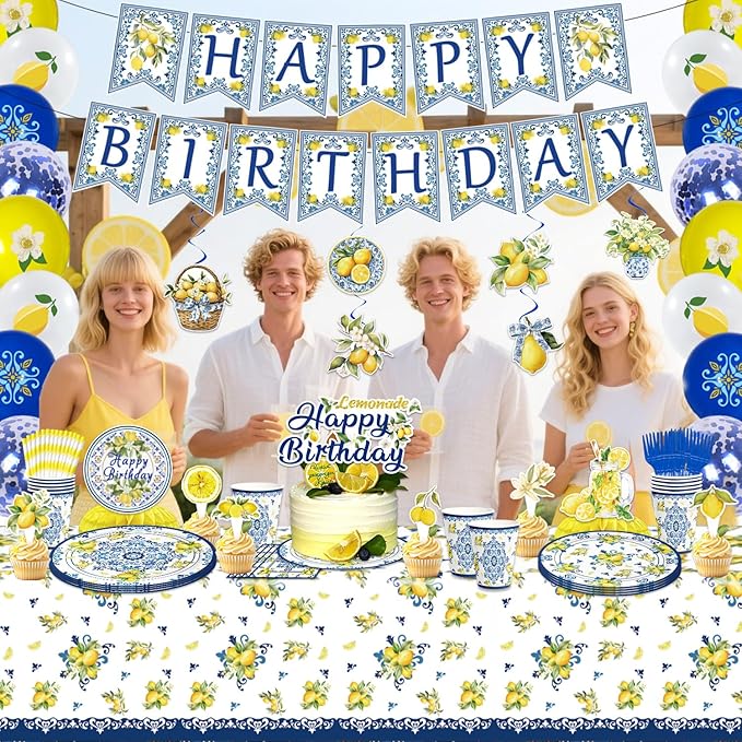 188PCS Capri Lemon Party Supplies Blue Tiles Yellow Birthday Decorations Amalfi Coast Lemon Summer Citrus Mediterranean Plates Napkins Set Banner Tablecloth CakeTopper Balloon Honeycomb Centerpieces