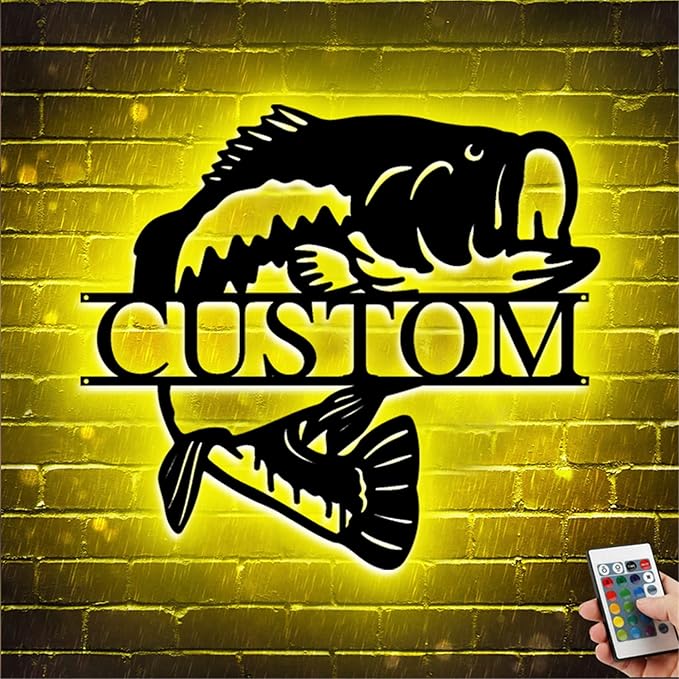 Custom Bass Fishing Wall Art LED Light Personalized Bass Fishing Name Sign Fishing Name Light Fisherman Husband Dad Father Gifts for Father's Day Valentine's Day (Monogram Fishing Sign)
