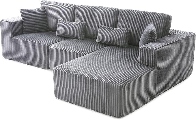 L Shaped Modular Boneless Sectional Couches for Living Room, Wide Armrest, Deep Seat, Memory Foam, Assembly Free, Modern Comfy Corduroy Fluffy Cloud Sofa with Right Chaise, Grey