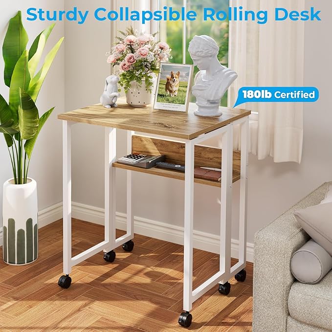 GreenForest Folding Desk Small Rolling Desk with Storage Shelf,31.5 inch Foldable Computer Desk with Wheels for Small Space, Easy Assembly,Oak