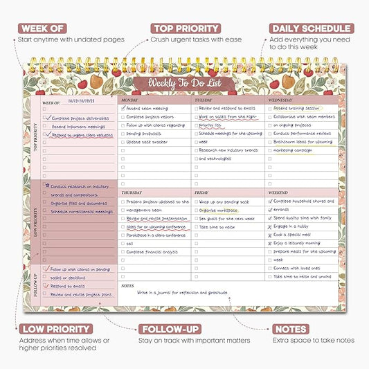 Taja Weekly To Do List Notepad with 52 Undated Sheets(8.5"×11")- Weekly Desk Planner for Women & Man, Work and Home - 1 Pack Cherry Orchard