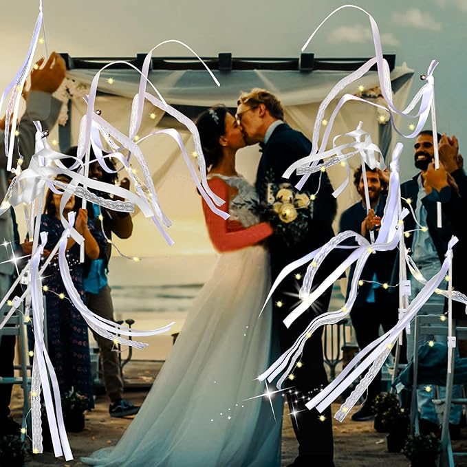 60PCS Light Up Wands,White Wedding Wands Streamers with 3 Flashing Modes,LED Silk Fairy Wands with Bells,Glow Lace Sticks for Wedding Reception,Birthday,Raves,July 4th