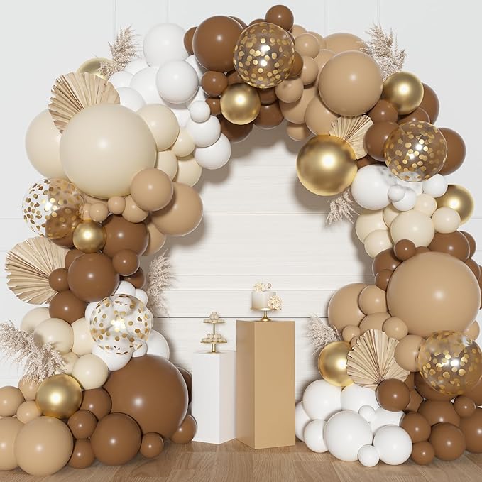 Ouddy Party Brown Balloons Arch Garland Kit, Different Sizes 18 12 10 5 Inch Brown Nude Gold Boho Neutral White Latex Metallic Confetti Balloon for Bear Baby Shower Safari Birthday Party Decorations