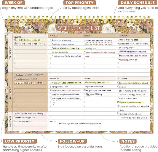 Weekly To Do List Notepad with 52 Undated Sheets(8.5"×11")- Undated Weekly Planner Notepad for Office Desk Accessories and Supplies - Toffee Blossom