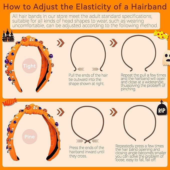 Halloween Pearl Knotted Headband for Women Girls Non Slip Rhinestone Embellished Hair Hoop Halloween Headbands Hair Accessories Gift (Orange)