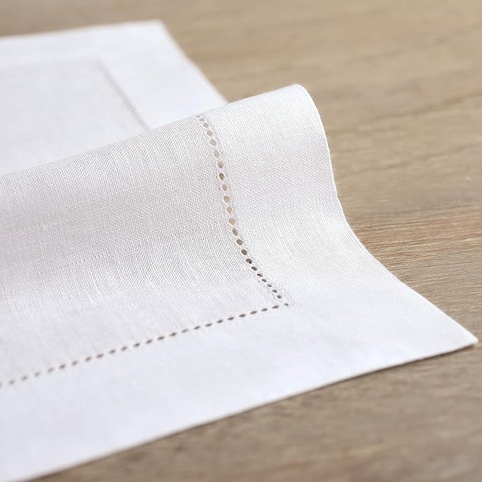 Solino Home White Linen Napkins Set of 6-100% Pure Linen Hemstitch Dinner Napkins 20 x 20 Inch for Fall, Autumn, Winter, Christmas, Holiday, New Year - Classic Hemstitch