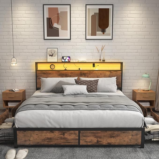 Lifezone Queen Bed Frame with 2-Tier Storage Headboard, Metal Platform Bed Frame with 4 Storage Drawers, Built in Charging Station & LED, Noise-Free/Metal Support/No Box Spring Needed, Vintage Brown