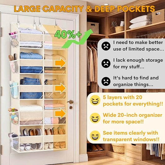 Ofiray-home Over the Door Organizer 5 Tiers,Extra Large Behind Door Storage of 10 Compartments,80 lbs Weight Capacity Over the Door Storage, Door Hanging Organizer for Closet, Diaper Organizer, Beige