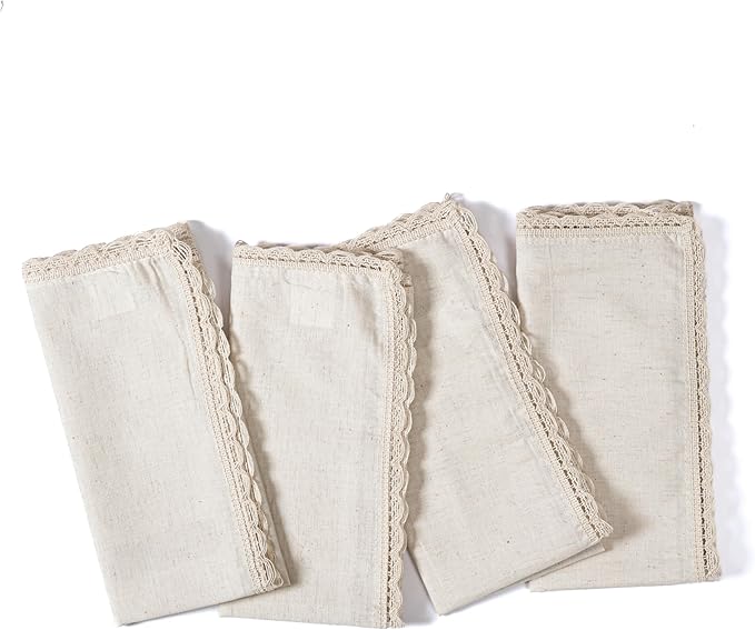 Cloth Napkins Reusable Natural Cloth Dinner Napkins Set of 12 Cotton Flax Fabric Oversized 20x20 Inches Cloth Napkins with Lace for Parties Weddings Washable Cocktail Napkins Thanksgiving Decor