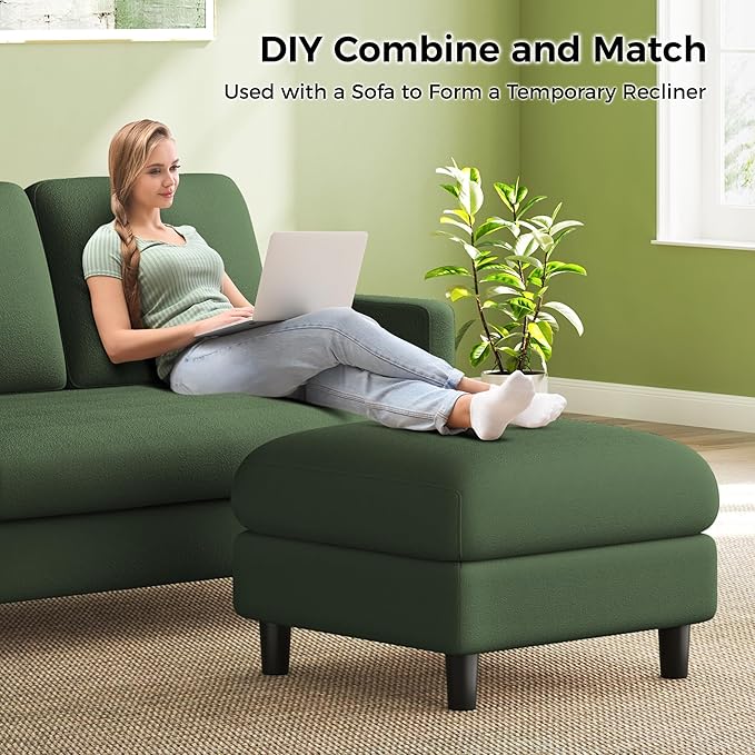 83" Couches for Living Room, Comfy Sofas for Living Room with Storage Ottomans, Teddy Sofa Couch, Tool-Free Loveseat Sofa, All-Wood Love Seat Couches, U Shaped Couch 2 Pillow Included, Green