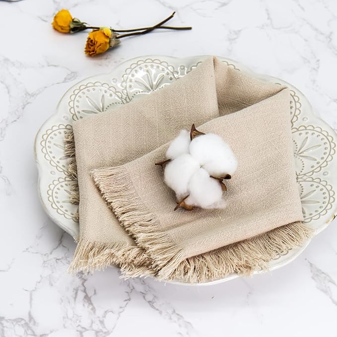 Handmade Cloth Napkins with Fringe,18 x 18 Inches Cotton Linen Napkins Set of 6 Versatile Handmade Square Rustic Fringe Napkins for Dinner, Wedding and Parties, Beige
