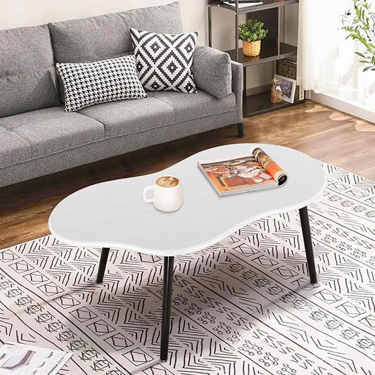 Small Coffee Table Cloud Shaped Irregular Center Table for Living Room Unique White Wood Grain Top Floor Table for Small Space Apartment