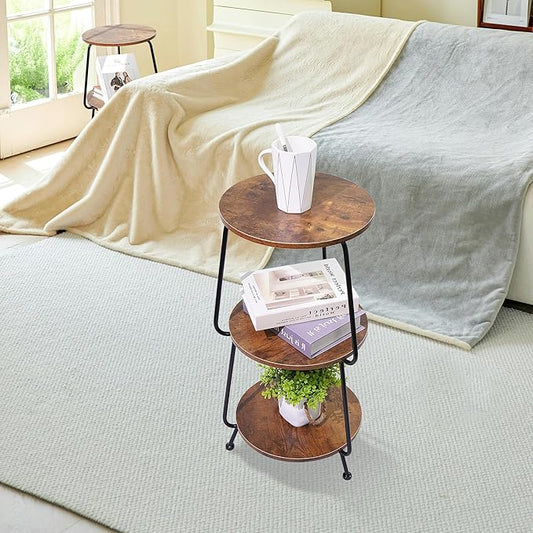 Small Round Side Table, 3 Tier Circular Narrow End Table with Storage Shelf, Round Corner Coffee Table Nightstand, Compact Tea Sofa Table for Living Room Bedroom Small Spaces, Rustic, Vintage, Brown